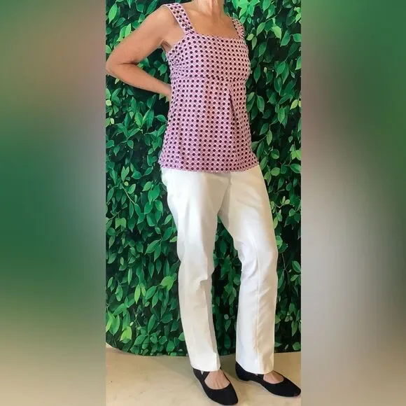 💗 Ann Taylor Pink, Black & White Dotted Tank – Wide Pleated Straps, Size Medium - Picture 2 of 4
